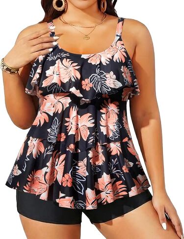 Yonique Women's Plus Size Tankini Swimsuits with Shorts Two Piece Bathing Suits Ruffle Swimsuits Tummy Control Swimwear in Saudi Arabia