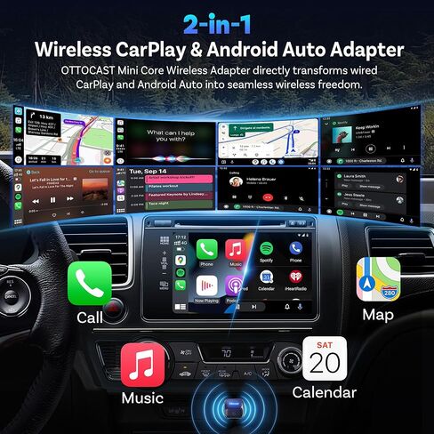 2026 Next-Gen Flagship Ottocast Mini Core, 2-in-1 Wireless CarPlay & Android Auto Adapter, One-Touch Device Switching, Plug & Play, WiFi 6 & Bluetooth 5.4, Auto Connect for iPhone & Android in Kuwait
