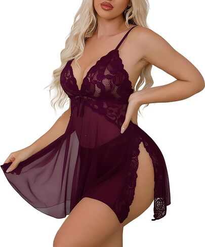 Women Sexy Side Slits Lace-trimmed Lingerie Babydoll Dress Chemise Sleepwear Mesh Sheer Nightgown with Thong in Saudi Arabia