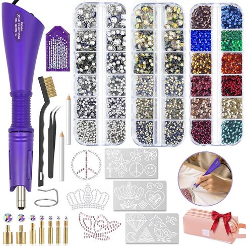 Hotfix Rhinestones Applicator Kit with 4600 Crystals (White/AB/12-Color) & 19 Pattern Templates - Bedazzler Craft Kit Includes Tweezers, Storage Bag for Clothes, Party Costumes DIY Accessories (Pink) in Saudi Arabia