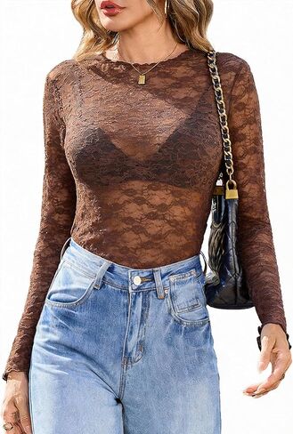 قميص علوي نسائي من الدانتيل بأكمام طويلة من Totatuit، قميص شبكي شفاف شفاف شفاف مثير للحفلات الموسيقية للنساء in Kuwait