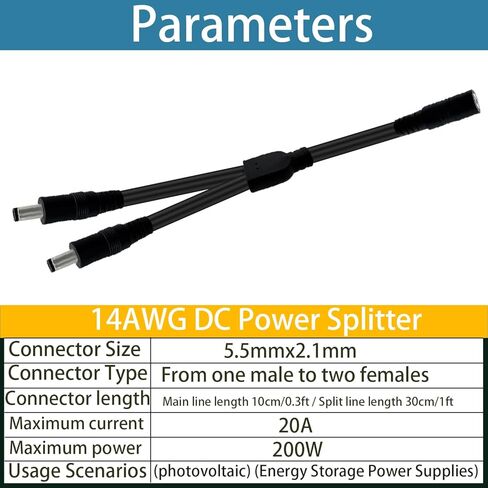 1.3FT 14AWG DC Power Splitter 5.5mm × 2.1mm 1 أنثى إلى 2 ذكر DC تمديد الحبل للوحة الشمسية في الهواء الطلق LED قطاع راوتر 2PCS in Saudi Arabia