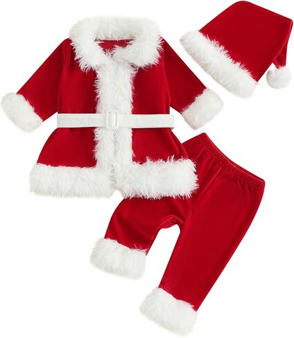 Toddler Baby Boys Girls Santa Claus Clothes Red Velvet Long Sleeve Christmas Coat and Long Pants 2Pcs Sets Outfit in Saudi Arabia