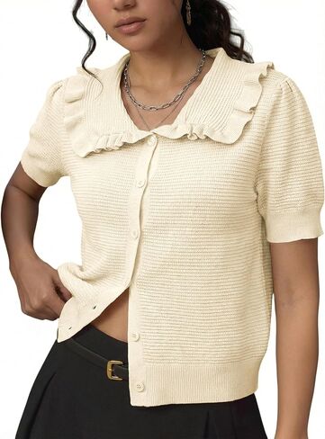 Watashi Womens Short Sleeve Cardigan Casual Button Down Ruffle Collared Lightweight Knittwear Summer Sweater Top in Saudi Arabia