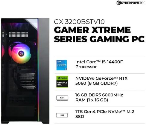 CyberpowerPC Gamer Xtreme Gaming Desktop PC - Intel Core i5-14400F CPU, 16GB DDR5 RAM, 1TB PCIe SSD, NVIDIA GeForce RTX 5060 8GB GDDR7, RGB Lighting, Windows 11 Home (GXi3200BSTV10) in Saudi Arabia