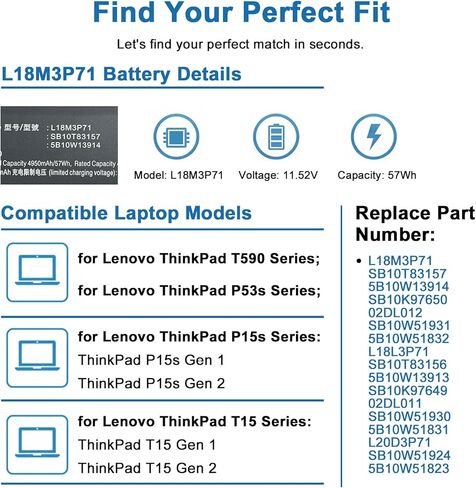 L18M3P71 L18L3P71 L18S3P71 Laptop Battery Compatible with Lenovo ThinkPad T590 P53S T15 P15s 1st Gen Series notebook 02DL012 02DL011 SB10K97650 SB10K97649 5B10W13913 SB10T83156 5B10W13914 11.52V 57Wh in Saudi Arabia