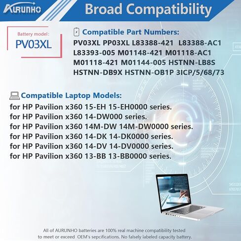 PV03XL PP03XL 43.3Wh استبدال البطارية لـ HP Pavilion x360 15-EH 15-EH0000 13-BB 13-BB0000 14-DW000 14M-DW14-DK0000 14-DV Series PV03XL PP03XL L83388-421 L83388-AC1 11.55 فولت in Kuwait