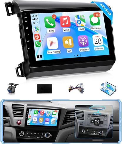 8Core 4G + 64G Android Car Stereo for Honda Civic 2012 to 2015 Apple CarPlay Android Auto, 9IN IPS Touch Screen for Civic Car Play Unit with GPS Navi BT FM RDS DSP HiFi 5G WiFi SWC MIC Camere in Saudi Arabia