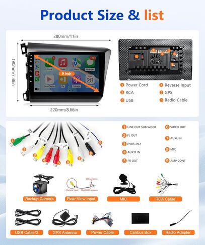 8Core 4G + 64G Android Car Stereo for Honda Civic 2012 to 2015 Apple CarPlay Android Auto, 9IN IPS Touch Screen for Civic Car Play Unit with GPS Navi BT FM RDS DSP HiFi 5G WiFi SWC MIC Camere in Saudi Arabia