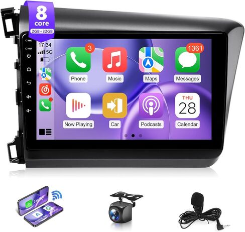 8Core 4G + 64G Android Car Stereo لهوندا سيفيك 2012 إلى 2015 Apple CarPlay Android Auto، شاشة لمس 9IN IPS لوحدة تشغيل السيارة المدنية مع نظام تحديد المواقع Navi BT FM RDS DSP HiFi 5G WiFi SWC MIC Camere in Kuwait