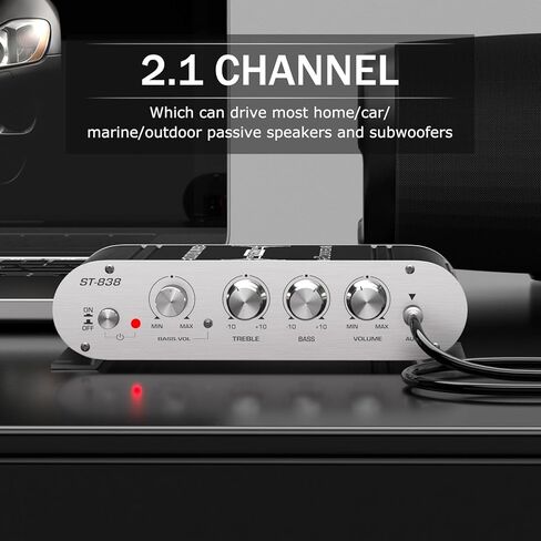 Facmogu ST-838 مضخم صوت ستيريو هاي فاي 2.1 قناة، RMS 20Wx2+40W مضخم صوت رقمي صغير لمكبرات الصوت المنزلية، مضخم صوت 80 وات مضخم صوت ستيريو مع مصدر طاقة - أسود in Saudi Arabia