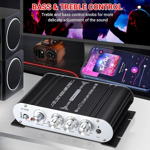 Facmogu ST-838 مضخم صوت ستيريو هاي فاي 2.1 قناة، RMS 20Wx2+40W مضخم صوت رقمي صغير لمكبرات الصوت المنزلية، مضخم صوت 80 وات مضخم صوت ستيريو مع مصدر طاقة - أسود in Saudi Arabia
