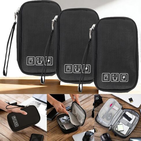 3Pcs Electronic Organizer Travel Case,Waterproof Cord Organizer Travel Cable Organizer Bag Portable Small Travel Tech Storage Pouch for Cord Charger Phone Earphone SD Card Cables Power Bank Card,Black in Saudi Arabia