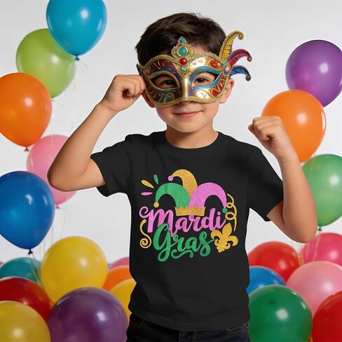 IZYJOY Toddler Boy Girl Mardi Gras Shirt Funny Mask Clown Hat Tshirt Fat Tuesday Outfit New Orleans Short Sleeve Top in Saudi Arabia