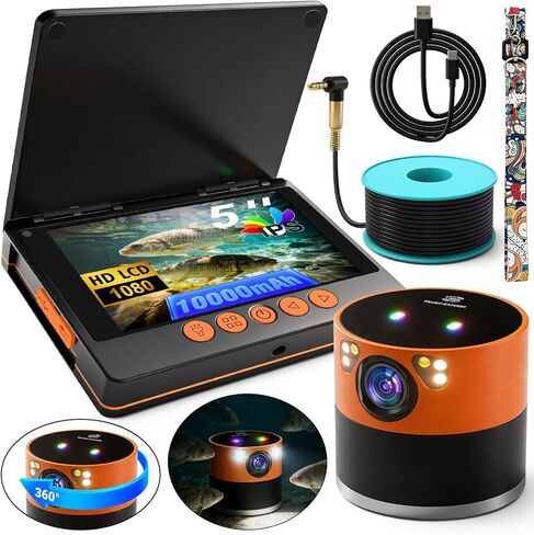Underwater Fishing Camera with 360° Horizontal Rotating Exclusive Anti-Fog Lens & RGB Lure Lights, 5" 1080P 1200TVL IPS Screen, 20MP, 10000mAh, 99ft Cable for Ice, Boat, Nautical Fishing in Saudi Arabia