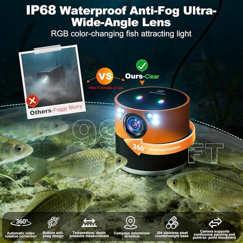 Underwater Fishing Camera with 360° Horizontal Rotating Exclusive Anti-Fog Lens & RGB Lure Lights, 5" 1080P 1200TVL IPS Screen, 20MP, 10000mAh, 99ft Cable for Ice, Boat, Nautical Fishing in Saudi Arabia