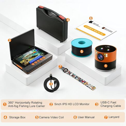 Underwater Fishing Camera with 360° Horizontal Rotating Exclusive Anti-Fog Lens & RGB Lure Lights, 5" 1080P 1200TVL IPS Screen, 20MP, 10000mAh, 99ft Cable for Ice, Boat, Nautical Fishing in Saudi Arabia