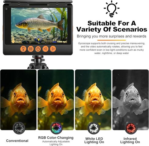 Underwater Fishing Camera with 360° Horizontal Rotating Exclusive Anti-Fog Lens & RGB Lure Lights, 5" 1080P 1200TVL IPS Screen, 20MP, 10000mAh, 99ft Cable for Ice, Boat, Nautical Fishing in Saudi Arabia