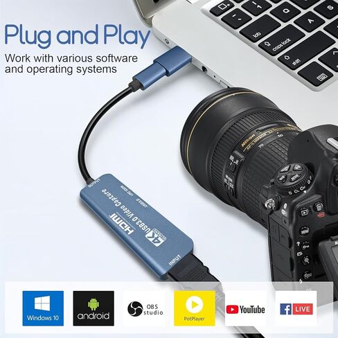 بطاقة التقاط فيديو HDMI مع USB/Type-C موصل مزدوج جهاز محول تسجيل بث HDMI لجهاز Quest 3، PS5/4، Switch2/1، الكاميرا، Xbox، الكمبيوتر اللوحي، الكمبيوتر الشخصي، OBS، MacOS/Windows in Saudi Arabia