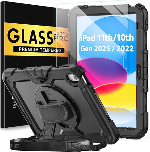 حافظة BLOSOMEET لجهاز iPad A16 الجيل الحادي عشر/العاشر 11 بوصة/10.9 بوصة 2025/2022 مع واقي شاشة من الزجاج المقوى وحامل أقلام رصاص، غطاء متين من الدرجة العسكرية مع حزام كتف يدوي، أسود in Kuwait