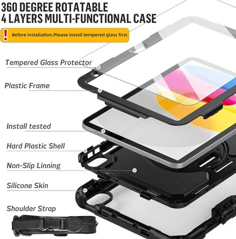حافظة BLOSOMEET لجهاز iPad A16 الجيل الحادي عشر/العاشر 11 بوصة/10.9 بوصة 2025/2022 مع واقي شاشة من الزجاج المقوى وحامل أقلام رصاص، غطاء متين من الدرجة العسكرية مع حزام كتف يدوي، أسود in Kuwait