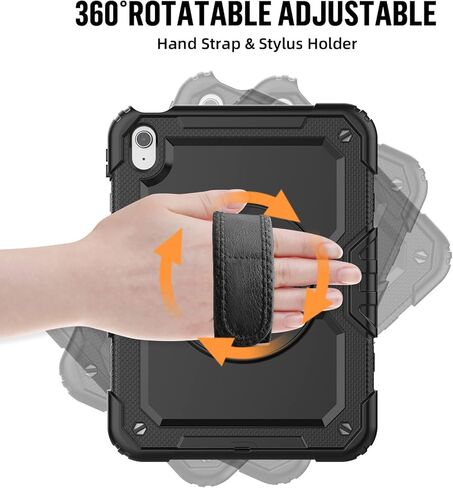 حافظة BLOSOMEET لجهاز iPad A16 الجيل الحادي عشر/العاشر 11 بوصة/10.9 بوصة 2025/2022 مع واقي شاشة من الزجاج المقوى وحامل أقلام رصاص، غطاء متين من الدرجة العسكرية مع حزام كتف يدوي، أسود in Kuwait