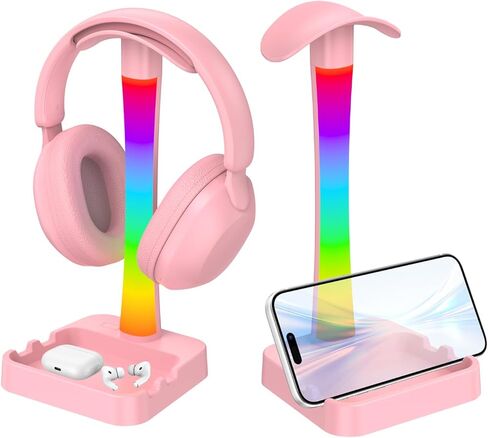 Headphone Stand with Charger,Gaming Headset stand with RGB Light Mode,For Airpod Max Stand,Desk Lamp,Phone Holder,Tablet Holder,desktop organizer,Gifts for Gamers & Music Lover (Pink) in Saudi Arabia