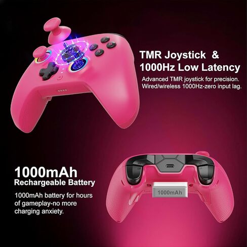 وحدة تحكم لاسلكية PLAYNEX 2.4 جيجا هرتز لأجهزة الكمبيوتر التي تعمل بنظام Windows، Switch، Switch 2، Android، iOS، وحدة تحكم ألعاب الكمبيوتر الشخصي مع عصا التحكم TMR، مشغلات القاعة/اللمس، معدل الاقتراع الطويل 1000 هرتز، هدية مثالية للاعبين (وردي) in Saudi Arabia
