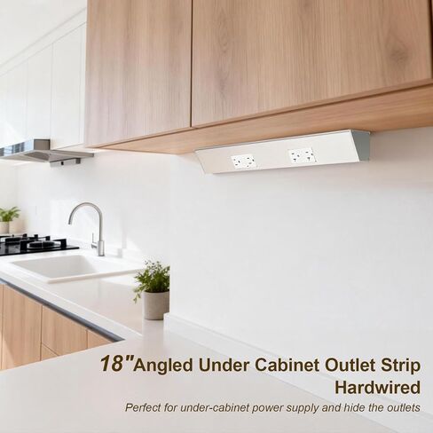 18" Angled Under Cabinet Outlet Strip Hardwired, 2 x 15 Amp Duplex Outlets, GFCI Under Cabinet Outlets, Solid Aluminum Structure and Quality Finish, Pre-Wired for Easy Installation, 2-Year Warranty in Kuwait