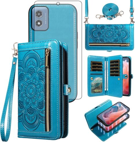 حافظة هاتف Asuwish لهاتف Motorola Moto G Play 2024 4G بسحاب محفظة قابلة للفصل مع واقي شاشة من الزجاج المقسى وحزام كروس وحامل بطاقة زهرة XT2413V XT2413-1 64 جيجابايت للنساء ذهبي وردي in Kuwait