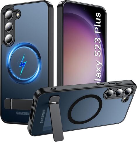 Magnetic for Samsung Galaxy S23+ Plus Phone Case with Adjustable Kickstand, S23+ Case [Shockproof Military Grade Drop Protection] Translucent Matte Back Phone Cover for S23 Plus 6.6", Black in Saudi Arabia