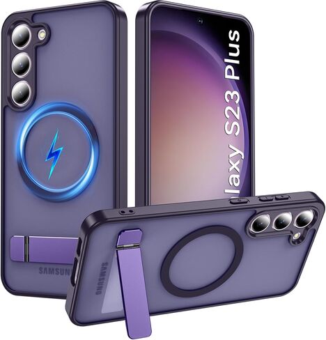 Magnetic for Samsung Galaxy S23+ Plus Phone Case with Adjustable Kickstand, S23+ Case [Shockproof Military Grade Drop Protection] Translucent Matte Back Phone Cover for S23 Plus 6.6", Black in Saudi Arabia