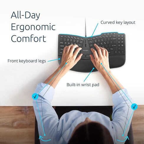 لوحة مفاتيح سلكية Kensington Pro Fit Ergo KB675 EQ TKL، وصلة USB-A، تصميم منحني مريح، مفاتيح قابلة للبرمجة (K75497NA) in Saudi Arabia