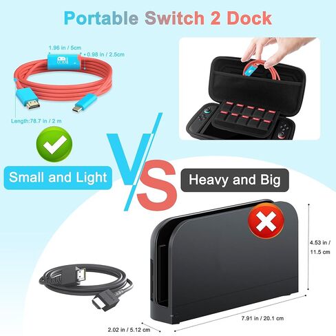 Switch 2 Dock، (التوصيل والتشغيل) 4K@60HZ 6.6 قدم، كابل بديل USB C إلى HDMI لمنصة Nintendo Switch Dock، محول قاعدة تلفزيون محمول للسفر وسلك محطة إرساء NS2 للسفر متوافق مع Nintendo Switch in Kuwait