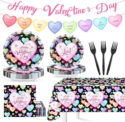 Valentines Day Party Decorations Pink Happy Valentine's Day Plates Napkins Tablecloth Hearts Banner Valentines Party Supplies Serve 24 in Saudi Arabia