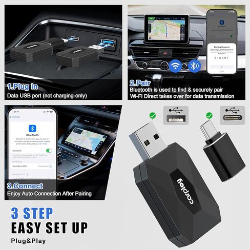 Upgraded Wireless CarPlay & Android Auto Adapter for iPhone & Android, Mini Plug & Play Dongle, Fast & Stable No-Lag, Converts Factory Wired CarPlay to Wireless for Cars, USB-A/USB-C in Saudi Arabia