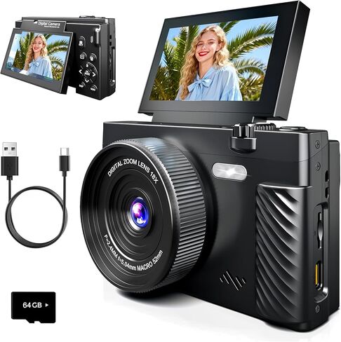 كاميرا رقمية بدقة 4K للتصوير الفوتوغرافي، وكاميرا تسجيل فيديو بشاشة تعمل باللمس بتقنية WiFi بدقة 64 ميجابكسل، وكاميرا قديمة مع التحكم في التطبيق ووضع التجميل، وتكبير/تصغير 16X مع فلاش، ونقطة والتقاط مع بطاقة SD سعة 64 جيجابايت للمبتدئين والمراهقين YouTube in Kuwait
