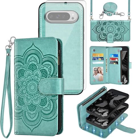 Asuwish Phone Case for Google Pixel 9/9 Pro 5G Zipper Wallet Magnetic Detachable Cell Cover with Tempered Glass Screen Protector Crossbody Lanyard Strap Flower Card Holder Pixel9 9Pro Nine Women Green in Kuwait