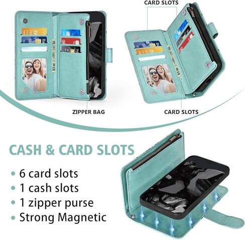Asuwish Phone Case for Google Pixel 9/9 Pro 5G Zipper Wallet Magnetic Detachable Cell Cover with Tempered Glass Screen Protector Crossbody Lanyard Strap Flower Card Holder Pixel9 9Pro Nine Women Green in Kuwait