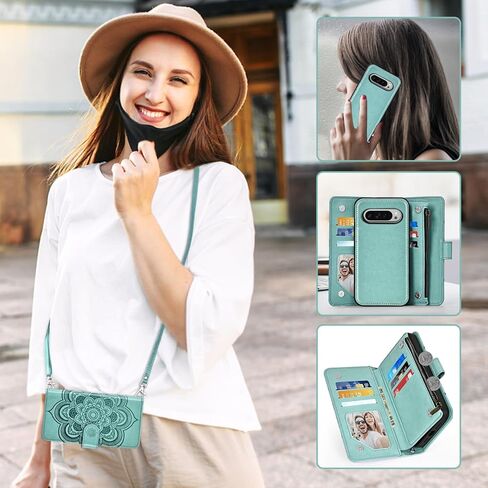Asuwish Phone Case for Google Pixel 9/9 Pro 5G Zipper Wallet Magnetic Detachable Cell Cover with Tempered Glass Screen Protector Crossbody Lanyard Strap Flower Card Holder Pixel9 9Pro Nine Women Green in Kuwait