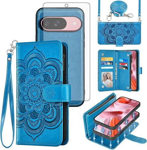 Asuwish Phone Case for Google Pixel 9/9 Pro 5G Zipper Wallet Magnetic Detachable Cell Cover with Tempered Glass Screen Protector Crossbody Lanyard Strap Flower Card Holder Pixel9 9Pro Nine Women Green in Kuwait