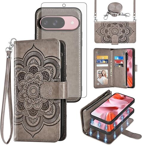 Asuwish Phone Case for Google Pixel 9/9 Pro 5G Zipper Wallet Magnetic Detachable Cell Cover with Tempered Glass Screen Protector Crossbody Lanyard Strap Flower Card Holder Pixel9 9Pro Nine Women Green in Kuwait