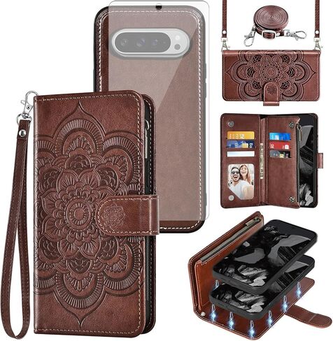 Asuwish Phone Case for Google Pixel 9/9 Pro 5G Zipper Wallet Magnetic Detachable Cell Cover with Tempered Glass Screen Protector Crossbody Lanyard Strap Flower Card Holder Pixel9 9Pro Nine Women Green in Kuwait