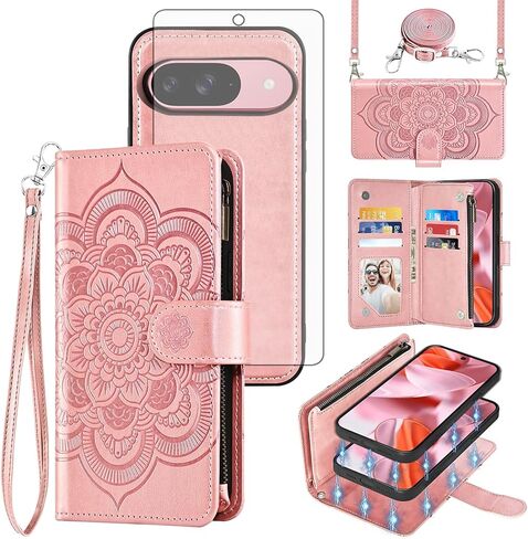 Asuwish Phone Case for Google Pixel 9/9 Pro 5G Zipper Wallet Magnetic Detachable Cell Cover with Tempered Glass Screen Protector Crossbody Lanyard Strap Flower Card Holder Pixel9 9Pro Nine Women Green in Kuwait