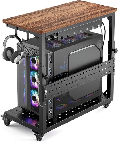 GreenForest Heavy-Duty Computer Tower Stand with Industrial Casters, 5-Level Height Adjustable Rolling PC Cart with Cable Management & Pegboard for Gaming, Full-Tower E-ATX Case, Home, Walnut in Saudi Arabia
