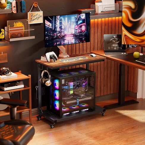 GreenForest Heavy-Duty Computer Tower Stand with Industrial Casters, 5-Level Height Adjustable Rolling PC Cart with Cable Management & Pegboard for Gaming, Full-Tower E-ATX Case, Home, Walnut in Saudi Arabia