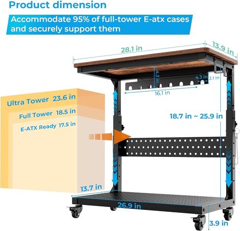 GreenForest Heavy-Duty Computer Tower Stand with Industrial Casters, 5-Level Height Adjustable Rolling PC Cart with Cable Management & Pegboard for Gaming, Full-Tower E-ATX Case, Home, Walnut in Saudi Arabia