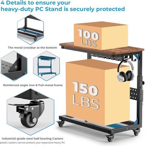 GreenForest Heavy-Duty Computer Tower Stand with Industrial Casters, 5-Level Height Adjustable Rolling PC Cart with Cable Management & Pegboard for Gaming, Full-Tower E-ATX Case, Home, Walnut in Saudi Arabia