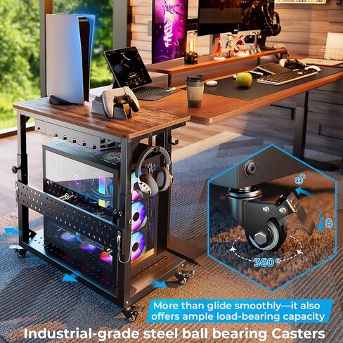 GreenForest Heavy-Duty Computer Tower Stand with Industrial Casters, 5-Level Height Adjustable Rolling PC Cart with Cable Management & Pegboard for Gaming, Full-Tower E-ATX Case, Home, Walnut in Saudi Arabia