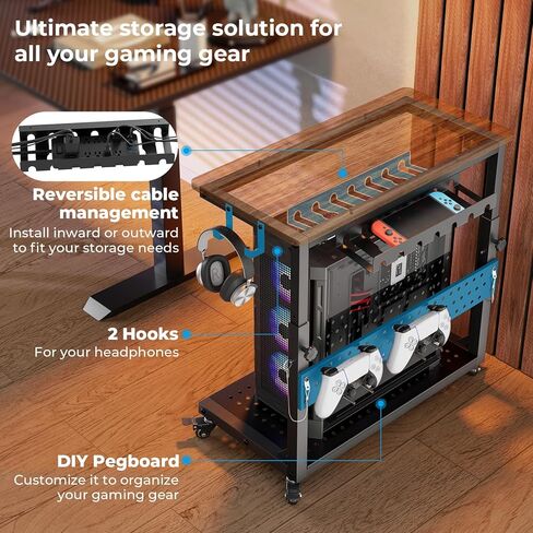GreenForest Heavy-Duty Computer Tower Stand with Industrial Casters, 5-Level Height Adjustable Rolling PC Cart with Cable Management & Pegboard for Gaming, Full-Tower E-ATX Case, Home, Walnut in Saudi Arabia